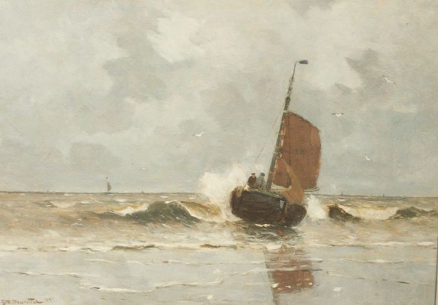 Munthe G.A.L.  | A 'bomschuit' in the surf, oil on canvas 50.0 x 70.2 cm, signed l.l. and dated 1921