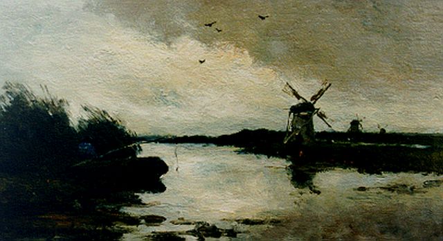 Weissenbruch H.J.  | Angler in a polder landscape, oil on panel 16.2 x 29.1 cm, signed l.l.