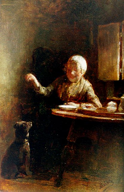 Henricus Joannes Mélis | Feeding the dog, oil on canvas, 39.1 x 26.0 cm, signed l.r.