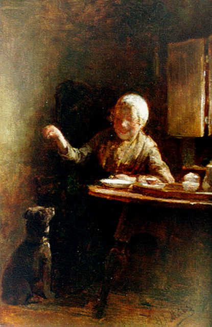 Mélis H.J.  | Feeding the dog, oil on canvas 39.1 x 26.0 cm, signed l.r.