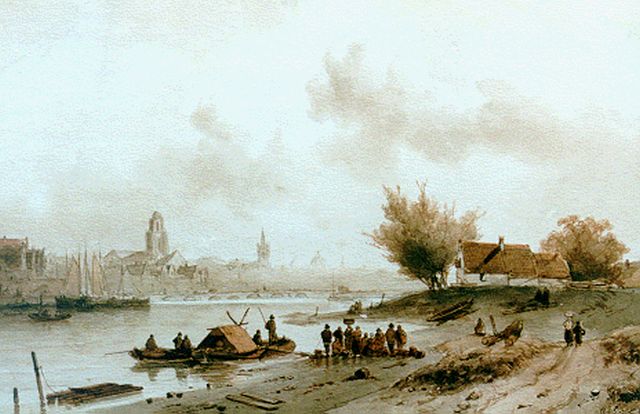 Charles Leickert | A ferry in a river landscape, ink and watercolour on paper, 26.0 x 40.5 cm, signed l.r.