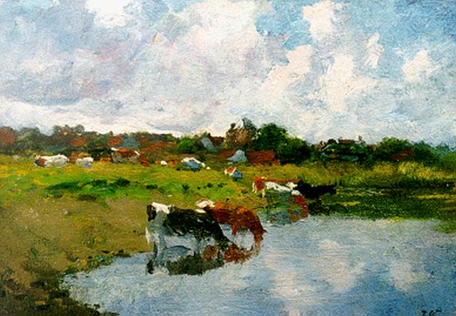 Jan Voerman sr. | Watering cows, oil on panel, 17.7 x 25.3 cm, signed l.r. with initials