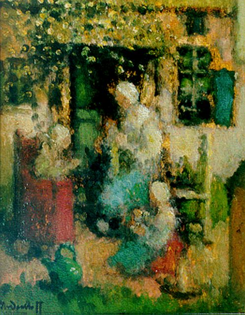 Henri van Daalhoff | A family on a farmyard, oil on panel, 24.1 x 19.0 cm, signed l.l.