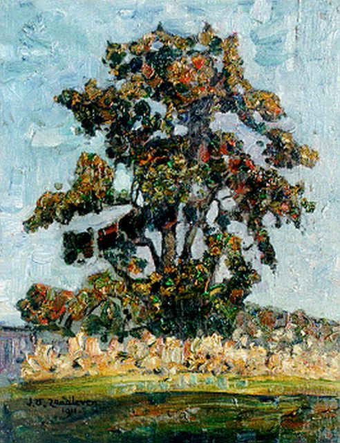 Zandleven J.A.  | A tree in a landscape, oil on canvas laid down on painter's board 41.5 x 32.5 cm, signed l.l. and dated 1911