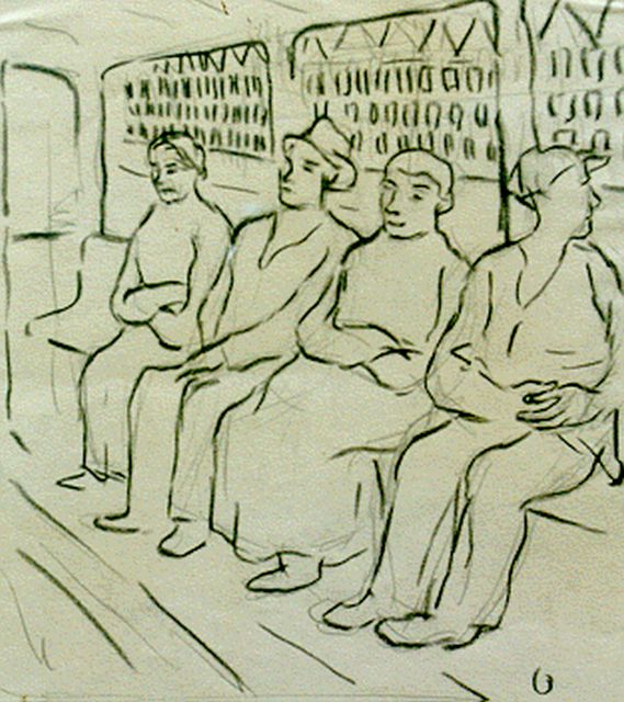 Wim Oepts | Figures in a ferry, pencil and chalk on paper, 23.0 x 21.0 cm, signed l.r. with 'O'