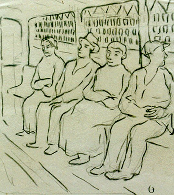 Oepts W.A.  | Figures in a ferry, pencil and chalk on paper 23.0 x 21.0 cm, signed l.r. with 'O'