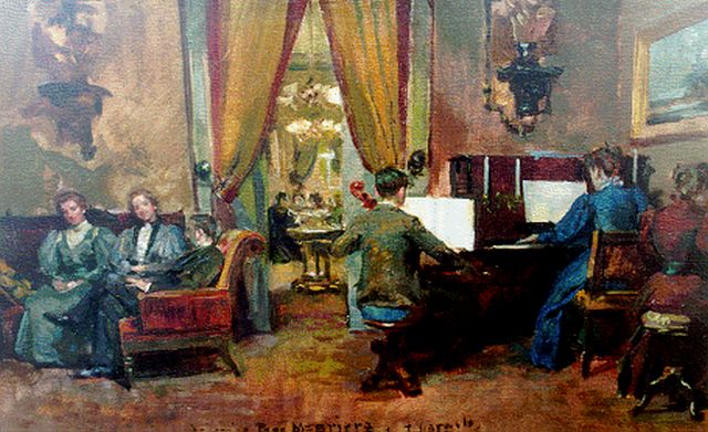 Garnelo J.  | The recital, oil on canvas 29.3 x 46.5 cm, signed l.c. and dated '96