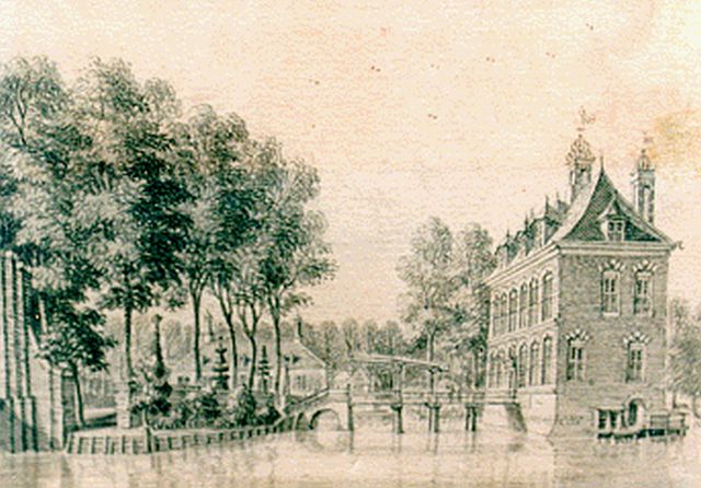 Jan de Beijer | A view of 't Huys de Vliet', watercolour on paper, 6.9 x 9.9 cm, signed on the reverse