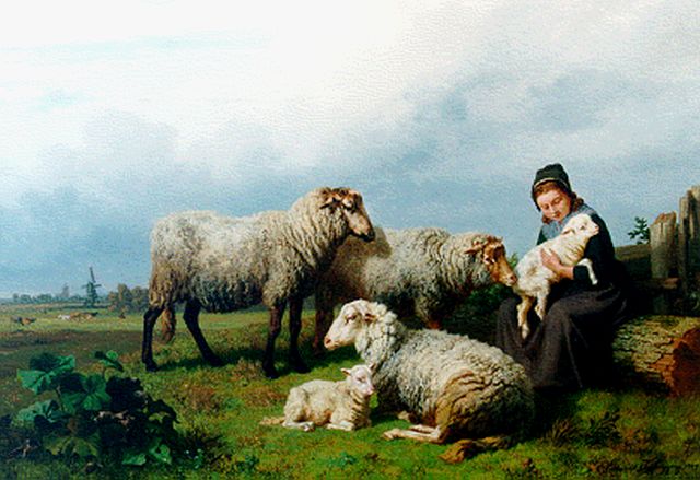 Tschaggeny E.J.B.  | A shepherdess with sheep and lambs, oil on canvas 75.2 x 110.6 cm, signed l.r. and dated 1869