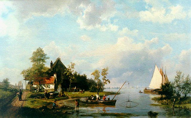 Hermanus Koekkoek | A river landscape with a shipyard, oil on canvas, 47.4 x 74.9 cm, signed l.l.