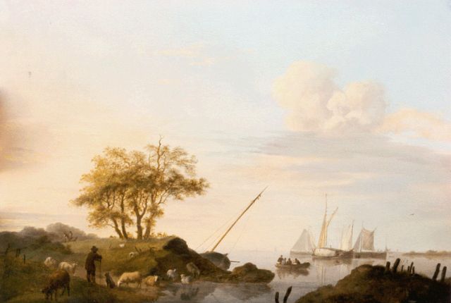 Koekkoek J.H.  | Vessels in a calm at sunset, oil on panel 24.6 x 33.3 cm, signed l.r. and dated 1851