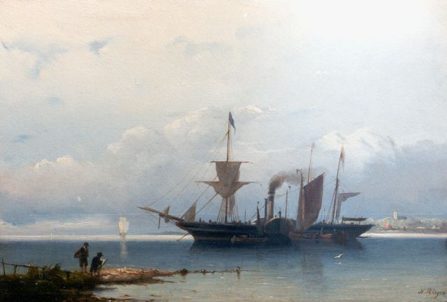 Riegen N.  | Shipping at the harbour mouth, oil on panel 19.8 x 29.5 cm, signed l.r.