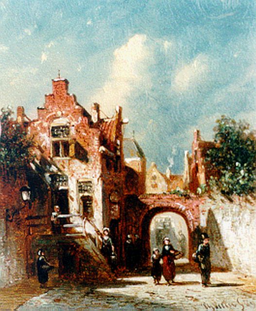 Petrus Gerardus Vertin | Dailiy activities in a sunlit Dutch town, oil on panel, 13.0 x 10.8 cm, signed l.r. and dated '69