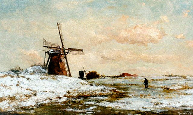 Constan Gabriel | A traveller in a winter landscape, oil on panel, 34.2 x 56.4 cm, signed l.r. and painted circa 1886