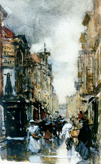 Floris Arntzenius | A view of 'De Spuistraat', The Hague, chalk, watercolour and gouache on paper, 13.8 x 8.7 cm, signed l.l.