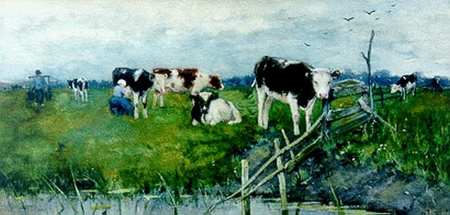 Geo Poggenbeek | Milk-maid in a landscape, watercolour on paper, 21.6 x 44.3 cm, signed l.r.