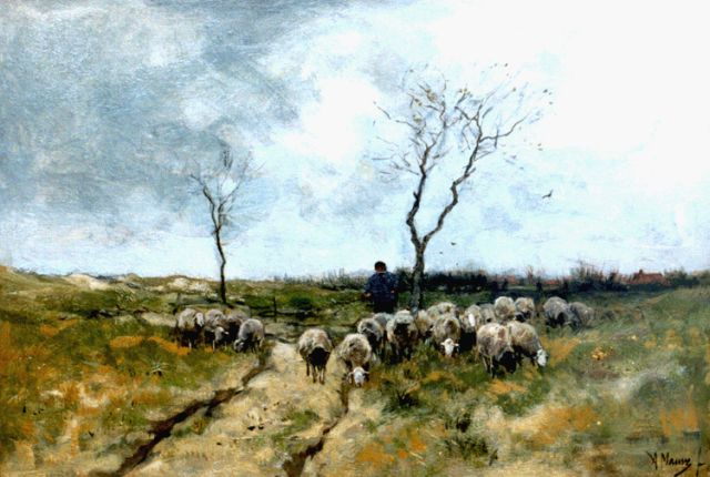 Anton Mauve | A shepherd and flock on the heath, Laren, oil on canvas, 42.9 x 63.8 cm, signed l.r.