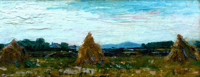 Colnot A.J.G.  | Hay-cocks in a landscape, oil on canvas laid down on panel 16.7 x 41.1 cm, signed l.r.