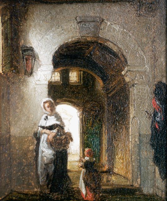 Johannes Anthonie Balthasar Stroebel | Domestic interior, oil on panel, 14.1 x 11.7 cm, signed with 'S' and dated 1870 on the capitals