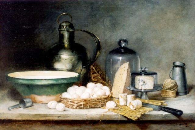 Attendu A.F.  | A still life with a pewter jug, oil on canvas 85.4 x 120.2 cm, signed l.r.
