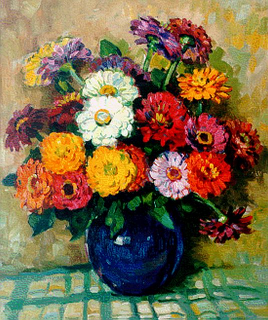 Ben Viegers | Zinnias in a vase, oil on canvas, 60.3 x 50.4 cm, signed l.l.