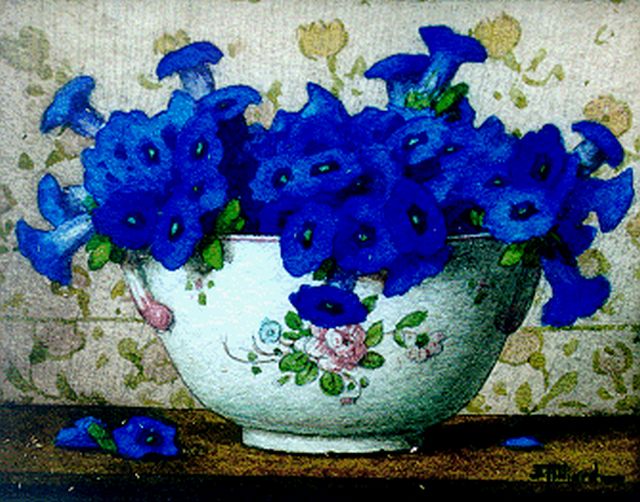 Ernest Filliard | Gentians in a bowl, watercolour on paper, 13.8 x 16.8 cm, signed l.r.