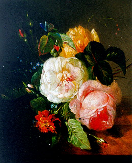 Huygens F.J.  | A flower still life on a marble ledge, oil on panel 27.0 x 22.5 cm, signed l.c. and dated '48