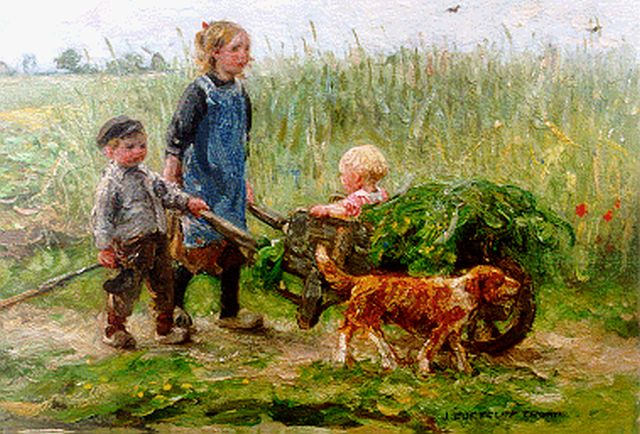 Jan Zoetelief Tromp | Children and a dog in a field, oil on panel, 23.7 x 34.0 cm, signed l.r.