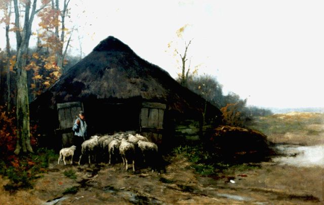 Scherrewitz J.F.C.  | A shepherd by a sheep pen, oil on canvas 80.6 x 126.0 cm, signed l.r.