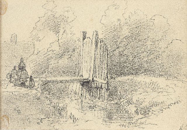 Andreas Schelfhout | Figures by a pond, pencil and chalk on paper, 11.3 x 16.2 cm, signed with initials and gifted to the Kunsthal