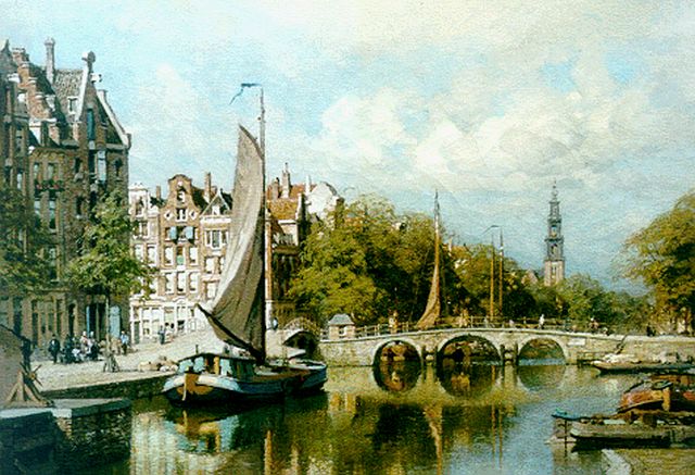 Klinkenberg J.C.K.  | Moored boats in a canal, Amsterdam, oil on canvas 39.0 x 53.2 cm, signed l.r.