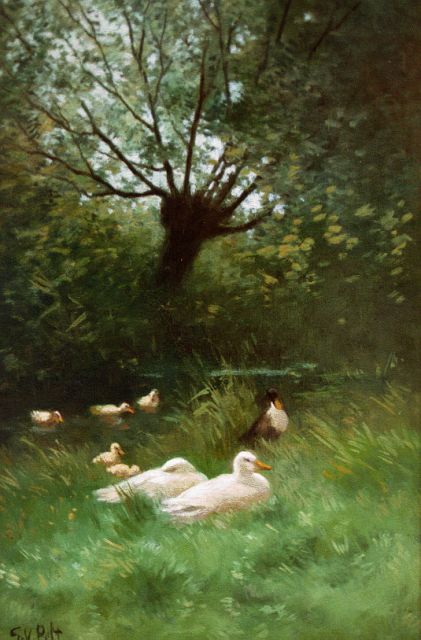 Gottfried van Pelt | Ducks on the riverbank, oil on canvas, 42.0 x 27.0 cm, signed l.l.