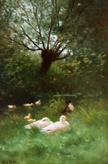 Pelt G.T.M. van | Ducks on the riverbank, oil on canvas 42.0 x 27.0 cm, signed l.l.