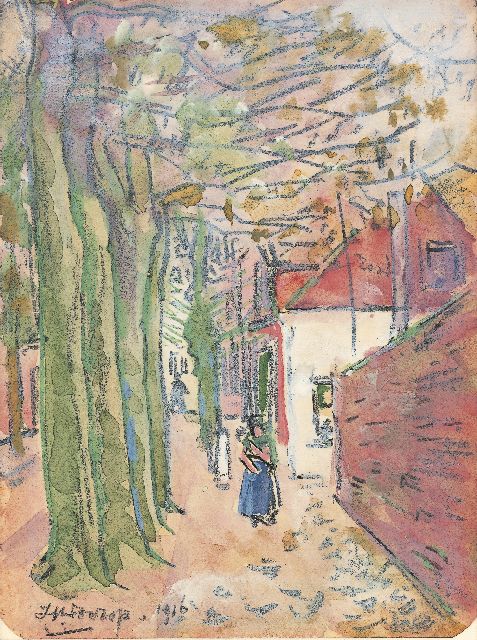 Toorop J.Th.  | The Noordstraat, Domburg, black chalk and watercolour on paper 15.8 x 11.3 cm, signed l.l. and dated 1916