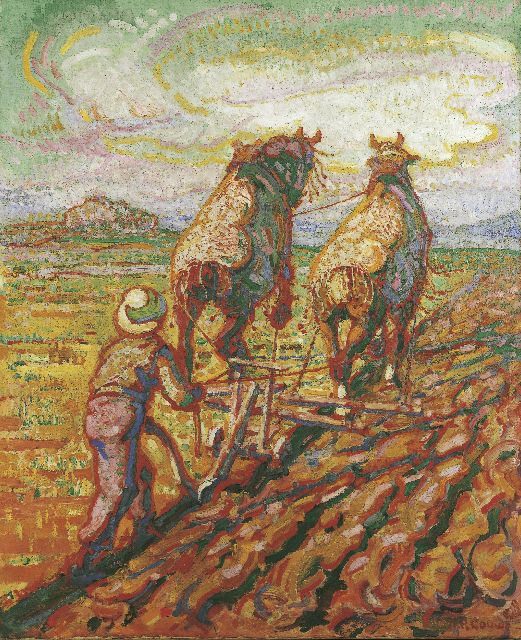 Herman Gouwe | Ploughing horses, oil on canvas, 74.5 x 61.5 cm, signed l.r. and painted circa 1923