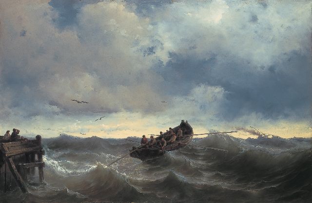 Meijer J.H.L.  | Fishermen in a rowing boat, oil on panel 85.0 x 130.5 cm, signed l.r. and dated 1857