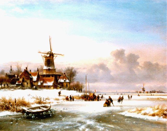 Kleijn L.J.  | A winter landscape with skaters by a 'koek en zopie', oil on canvas 70.3 x 90.2 cm, signed l.r.