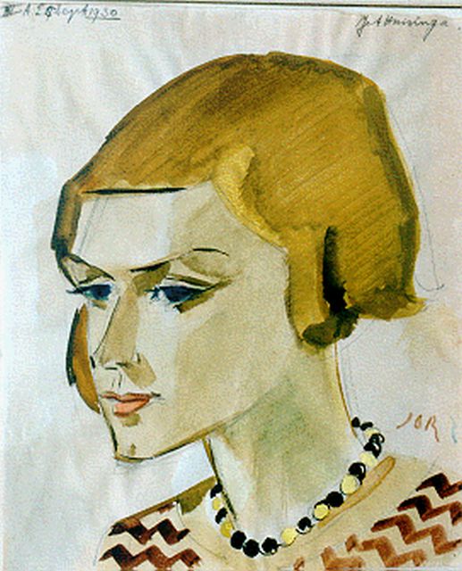 Jan Jordens | A portrait of Jet Huisinga, chalk and watercolour on paper, 28.9 x 23.8 cm, signed l.r. with monogram and executed 25 Sept 1930