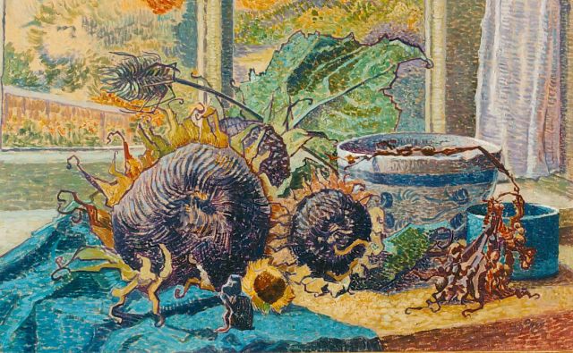 Pijpers E.E.  | Dried sunflowers, oil on paper 36.0 x 58.5 cm, signed l.r.