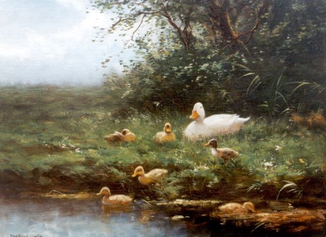 Constant Artz | Duck with ducklings on the riverbank, oil on panel, 24.2 x 32.5 cm, signed l.l.