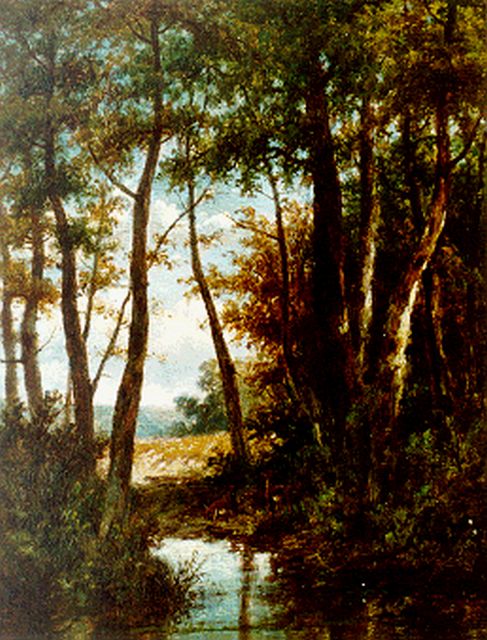 Wijngaerdt A.J. van | Deer by a pond, oil on panel 33.3 x 25.6 cm, signed l.r.