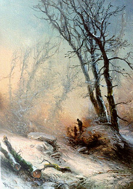 Kluyver P.L.F.  | Hunters in a snow-covered landscape, oil on panel 15.4 x 11.3 cm, signed l.l.