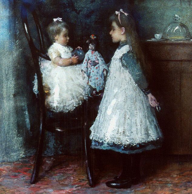 Jansen F.J.  | Two sisters playing with a doll, watercolour on paper 28.2 x 28.8 cm, signed u.r.