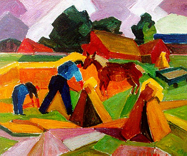 Braakensiek-Dekker A.M.  | Farmers in a field, oil on canvas 50.5 x 60.8 cm, signed l.r.