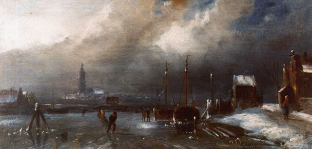 Charles Leickert | Skaters on a frozen waterway, oil on panel, 11.0 x 22.3 cm, signed l.r. and on the reverse