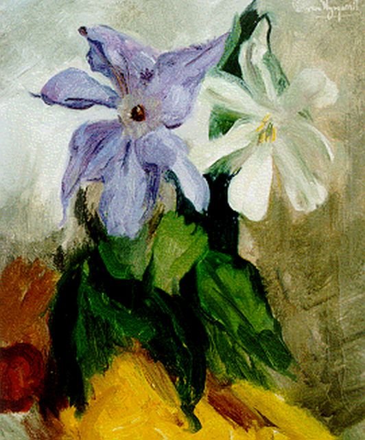 Wijngaerdt P.T. van | A still life with a clematis and a tulip, oil on canvas 60.0 x 50.0 cm, signed u.r.