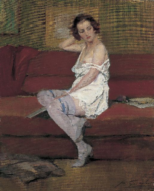 Jean Gouweloos | A Lady on a Couch, oil on canvas, 50.0 x 40.1 cm, signed l.r.