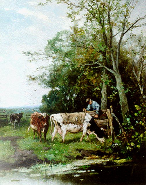 Johan Frederik Cornelis Scherrewitz | Cows in a meadow, oil on panel, 41.1 x 32.7 cm, signed l.r.