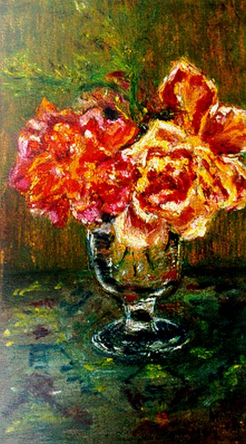 Mies Maris | A flower still life, oil on canvas laid down on painter's board, 21.3 x 12.7 cm, signed l.r. and dated 18/12/1939