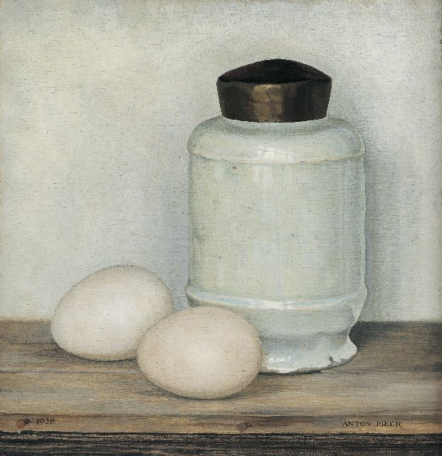 Anton Pieck | A white pot and two eggs, oil on panel, 20.5 x 20.0 cm, signed l.r. and dated 1926